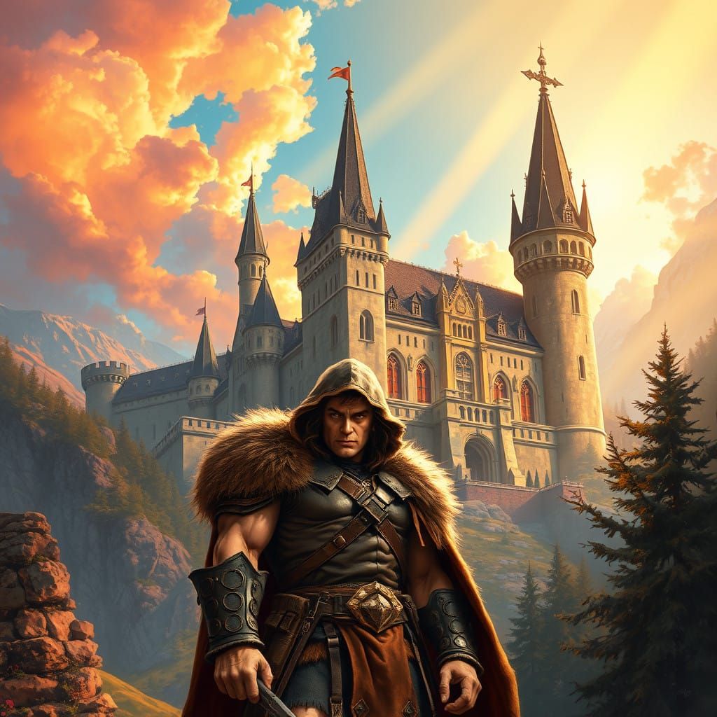 Conan the Barbarian before a Majestic Stained Glass Castle a...