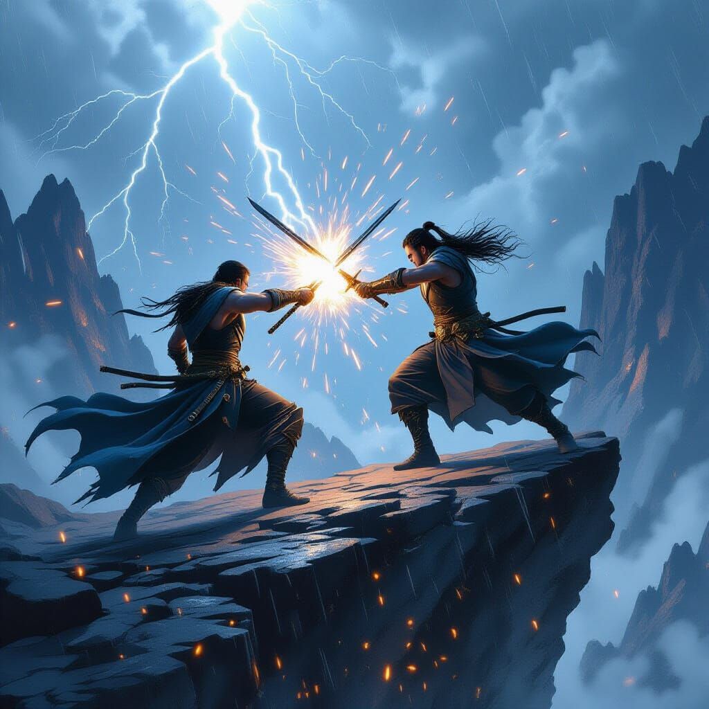 Epic Fantasy Duel: Warriors Clash on Cliff During Thundersto...