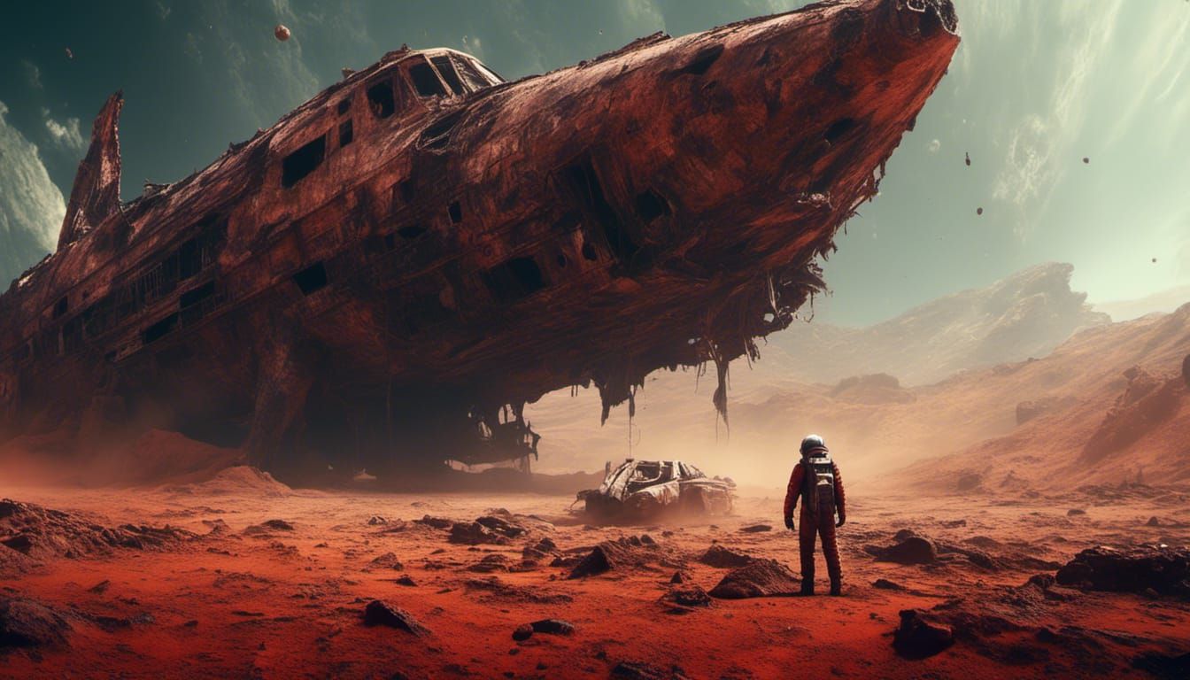 Astronaut at Spaceship Wreck on Red Planet