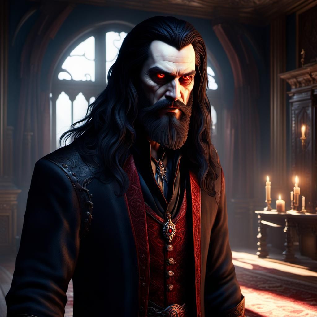 Vampire Man with Glowing Eyes in Living Room