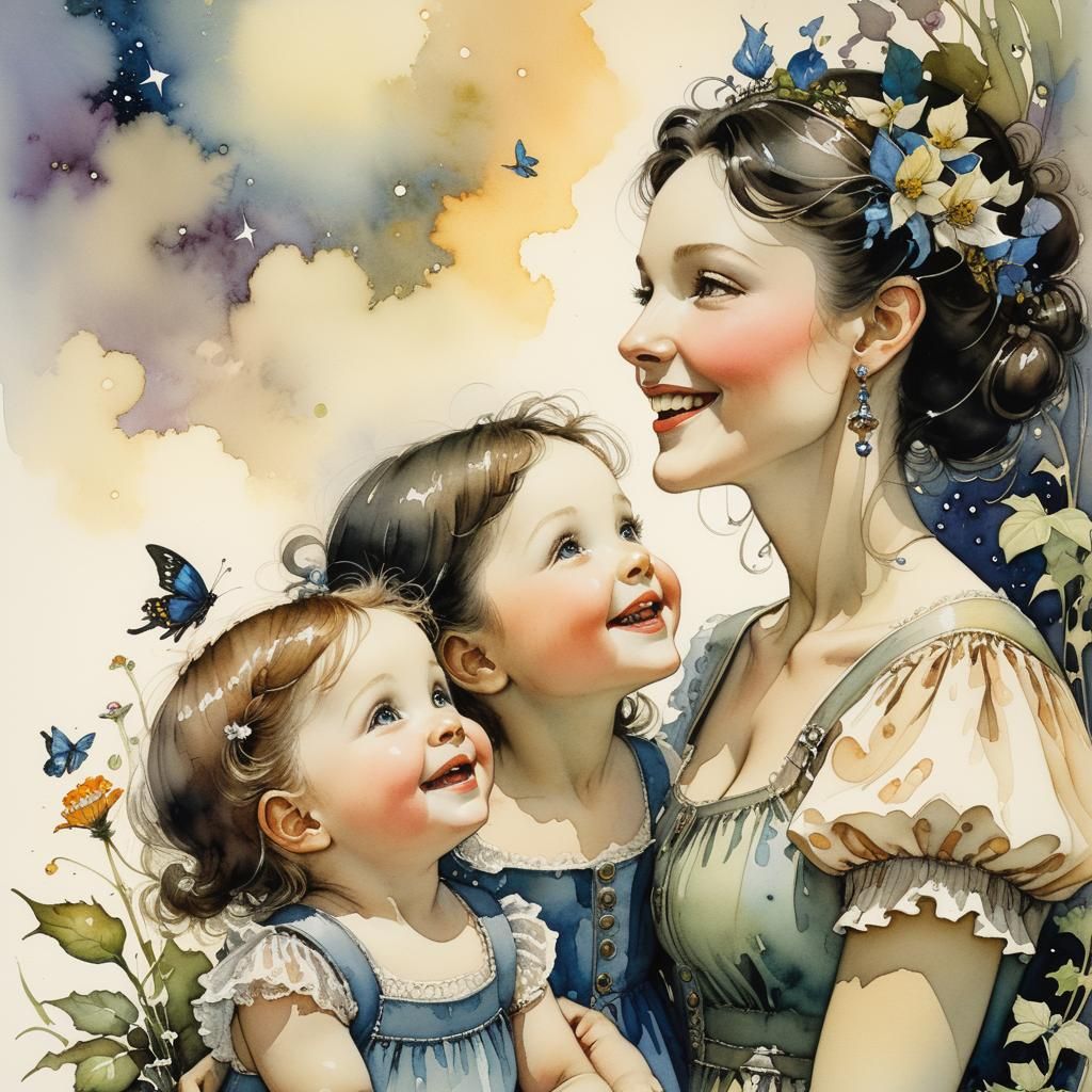 Mother and Daughters in Whimsical Garden Scene