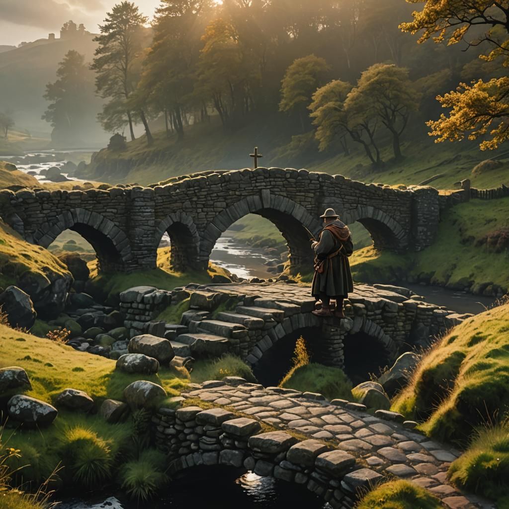 Medieval Scottish Landscape with Peasant, Oil on Canvas