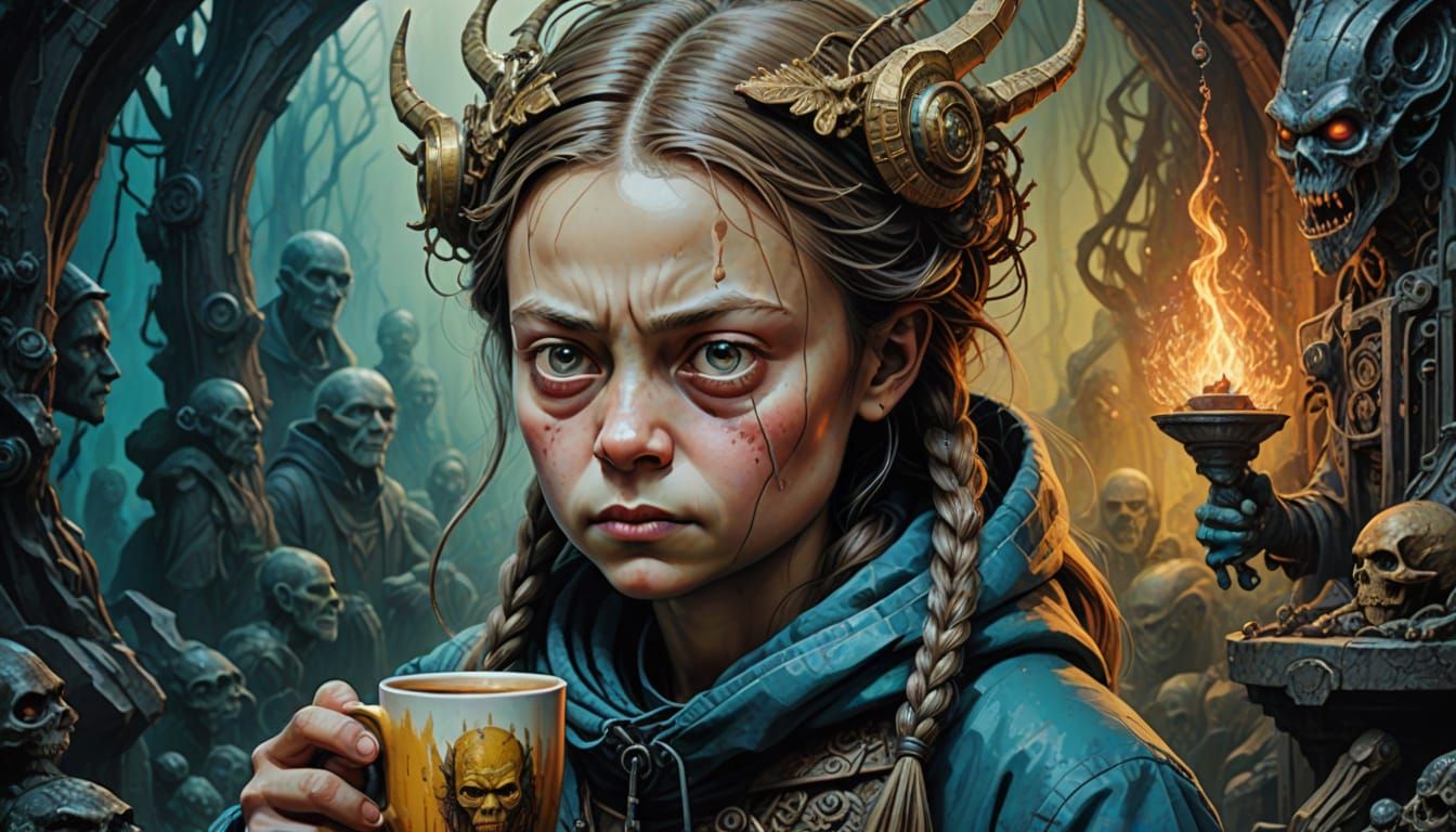 Greta Thunberg Drinks Coffee in a Surreal Bogomil World