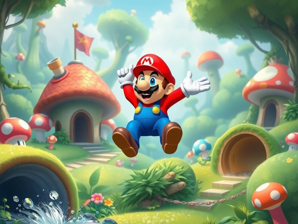 Fantastical Mushroom Kingdom Landscape with Mario