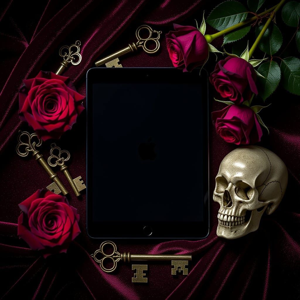 Gothic Flatlay with iPad, Keys, and Roses