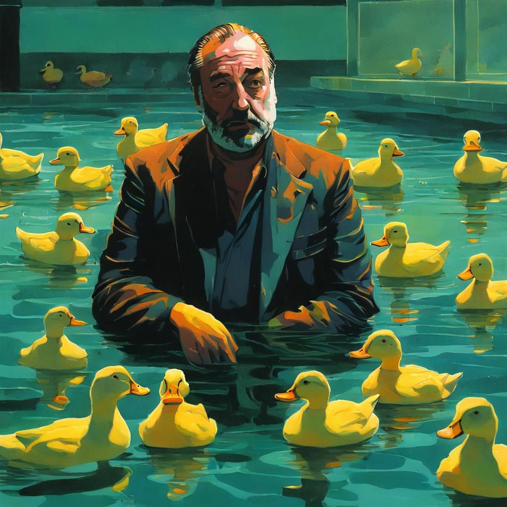 Surreal Duck Pool Horror in Gouache Style