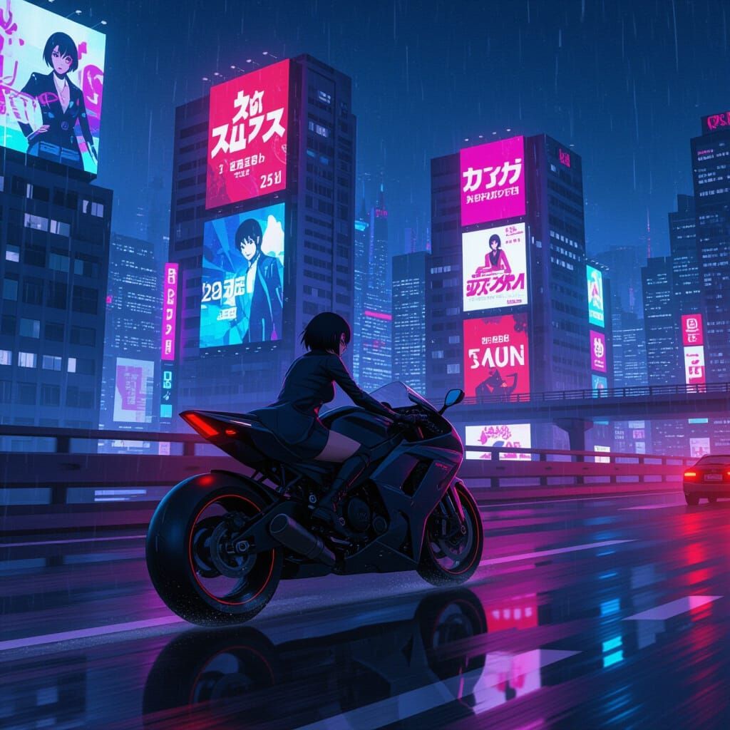 Cyberpunk Motorcycle on Neon Highway