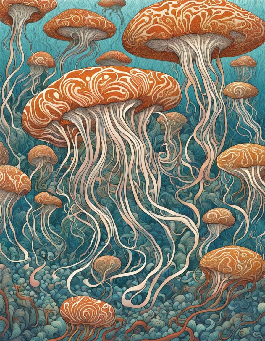 Fractal Underwater Landscape with Jellyfish in Ebru Art Styl...