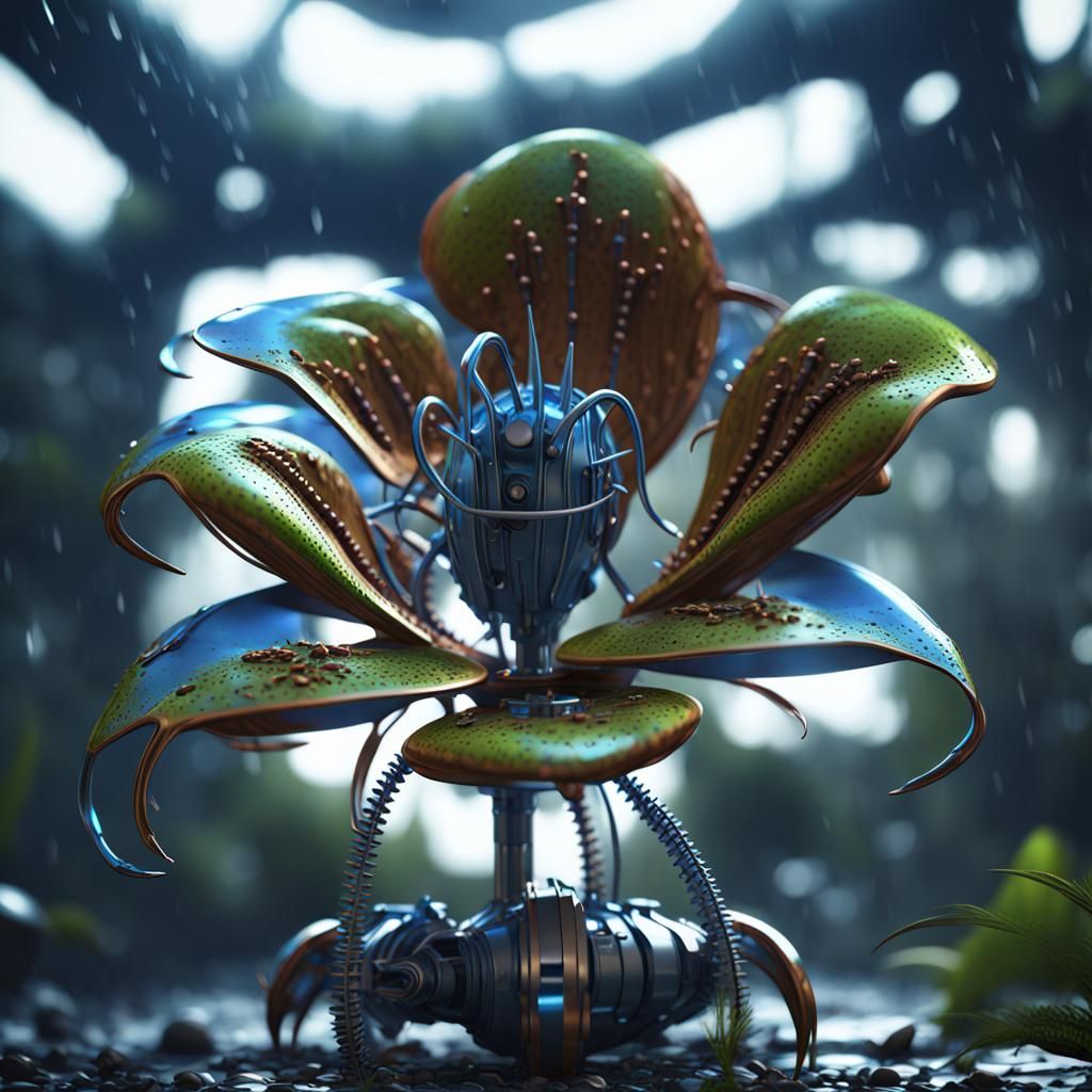 Futuristic Blue Metal Venus Flytrap in Sci-Fi Rainforest