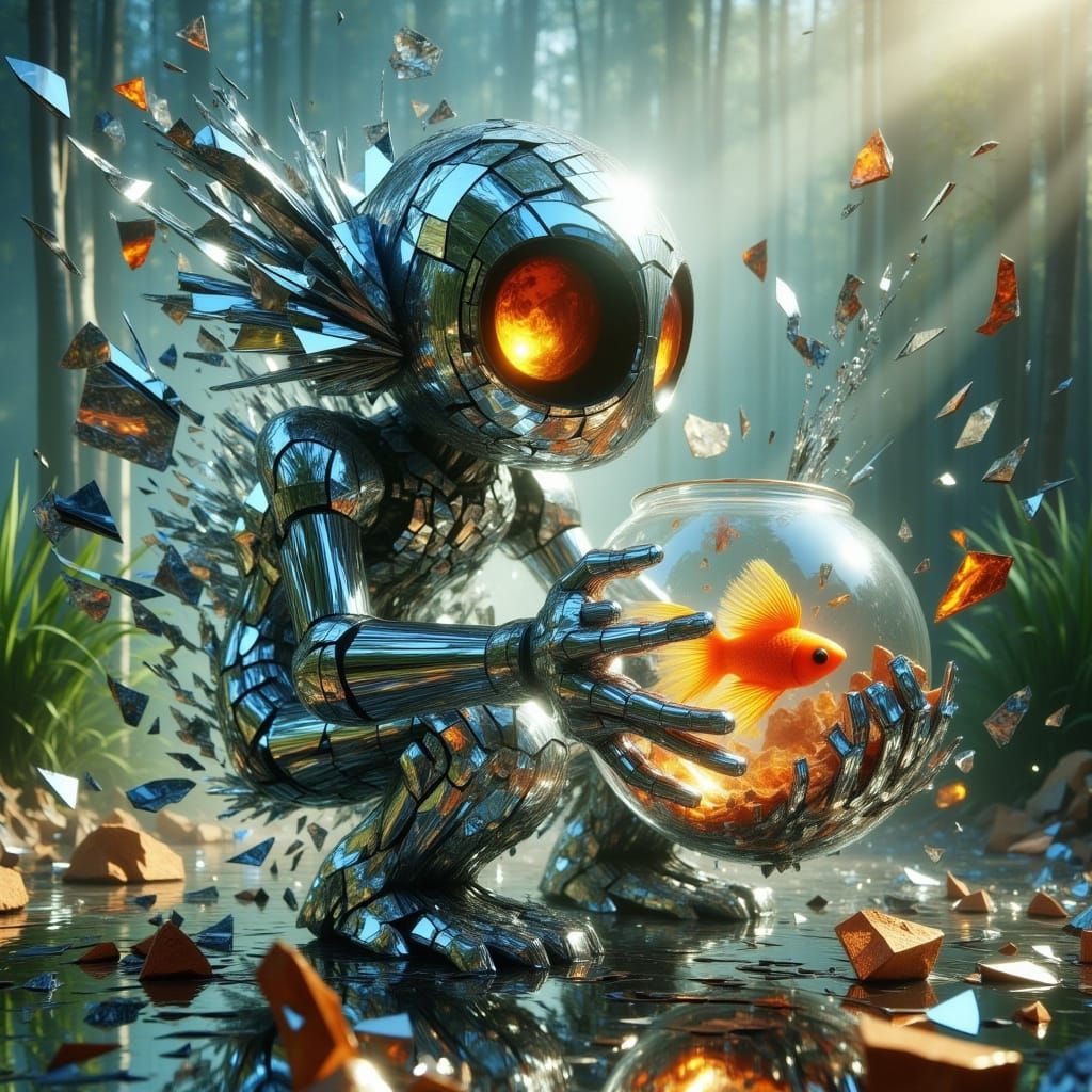 Cute Robot Holding a Fishbowl