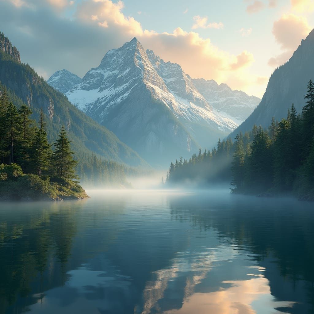 Majestic Mountains Reflected at Sunrise: Digital Matte Paint...