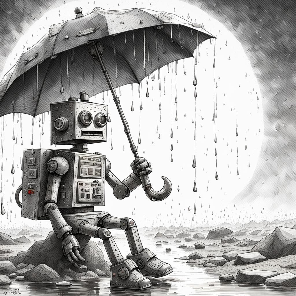 Robot con botas sentado en una roca resguardándose de la lluvia sosteniendo un paraguas.