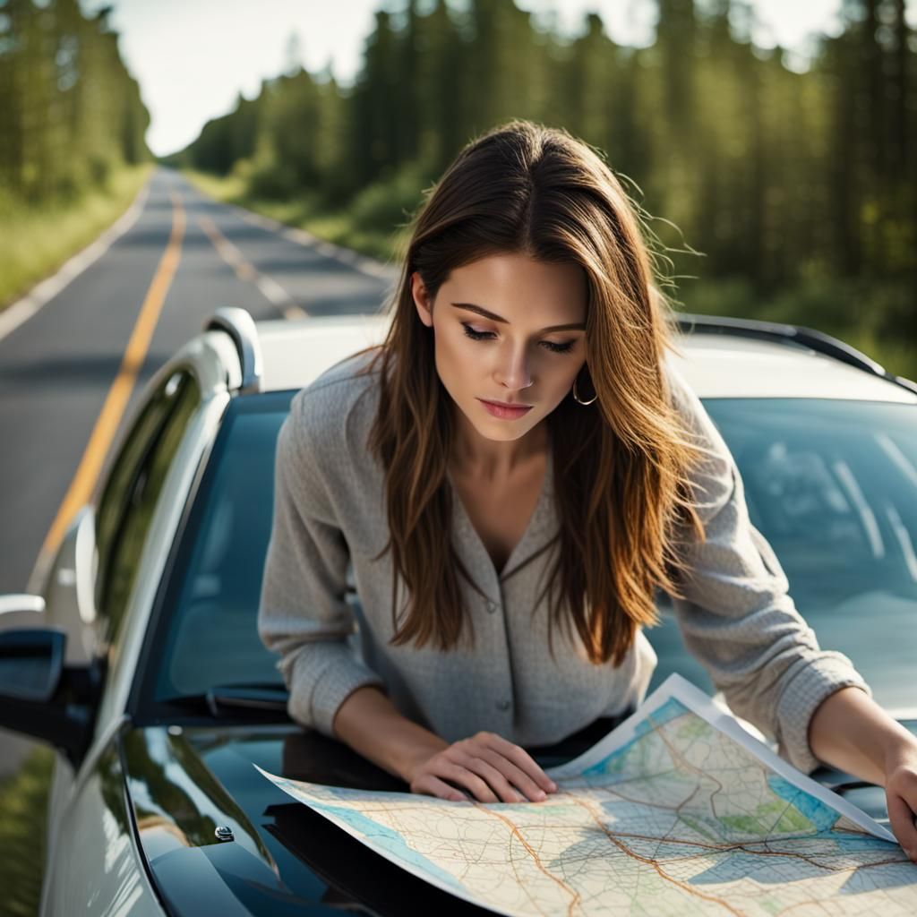 Woman Navigating Road Trip with Map