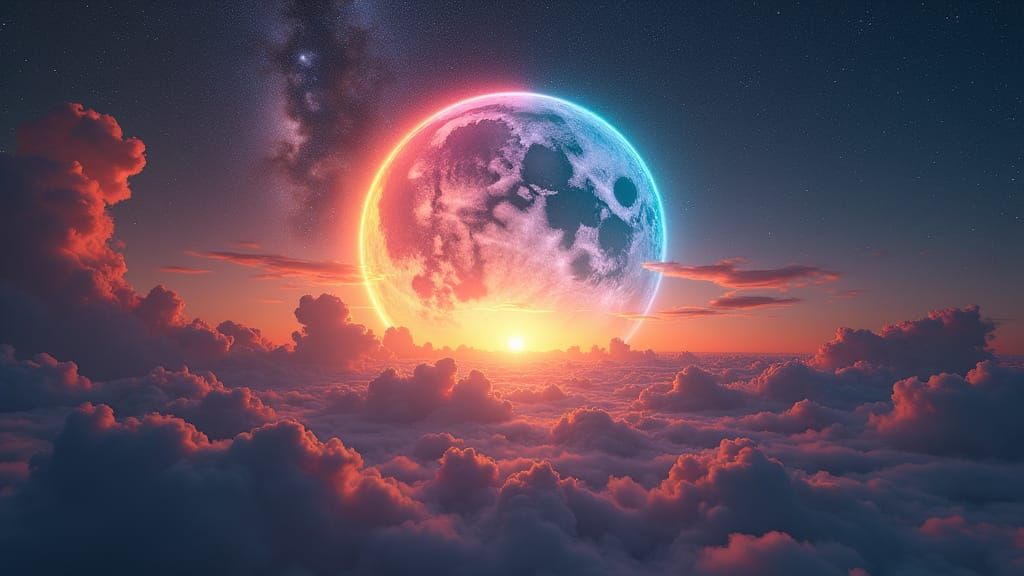 Ethereal Sunset Meets Mystical Moonrise in Cosmic Panorama