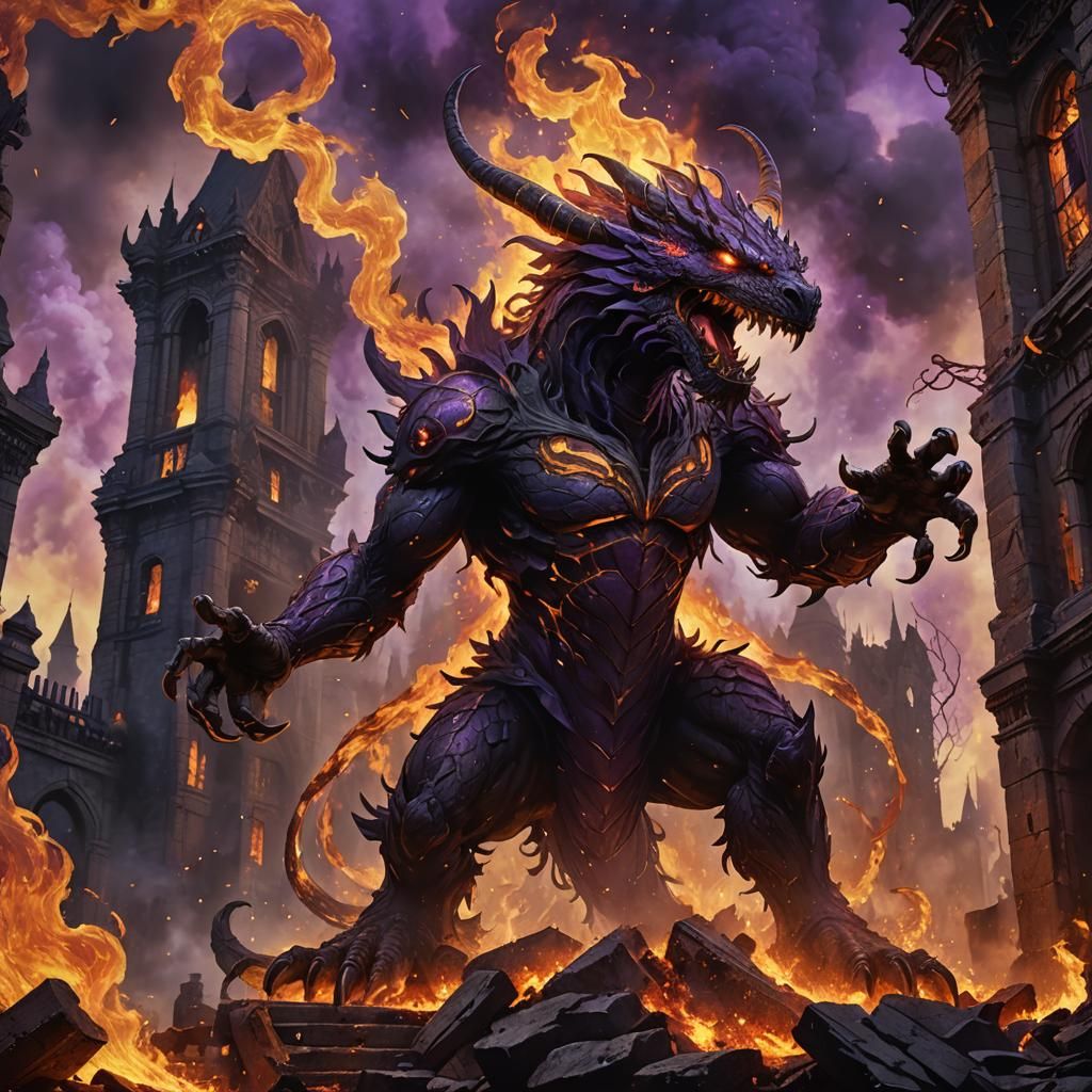 Fire Monster Amidst Burning Ruins in Dark Fantasy Art