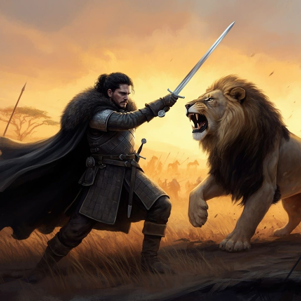Heroic Jon Snow Conquers Fierce Lion in Sunset Savannah