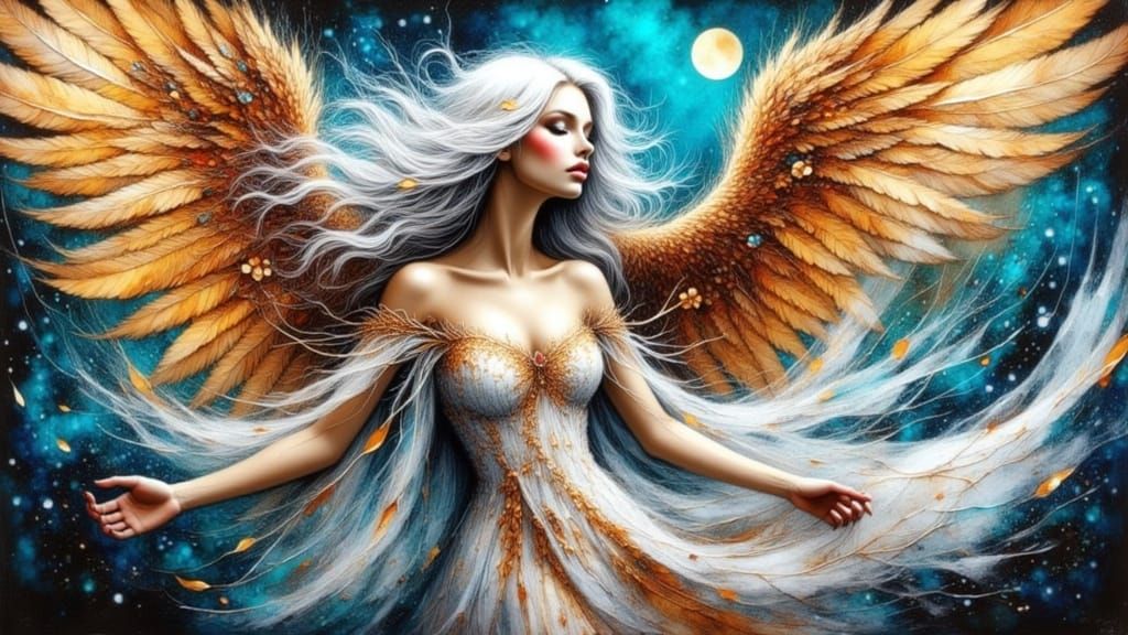 Angelic Woman in Cosmic Dance, Oil and Canvas Style