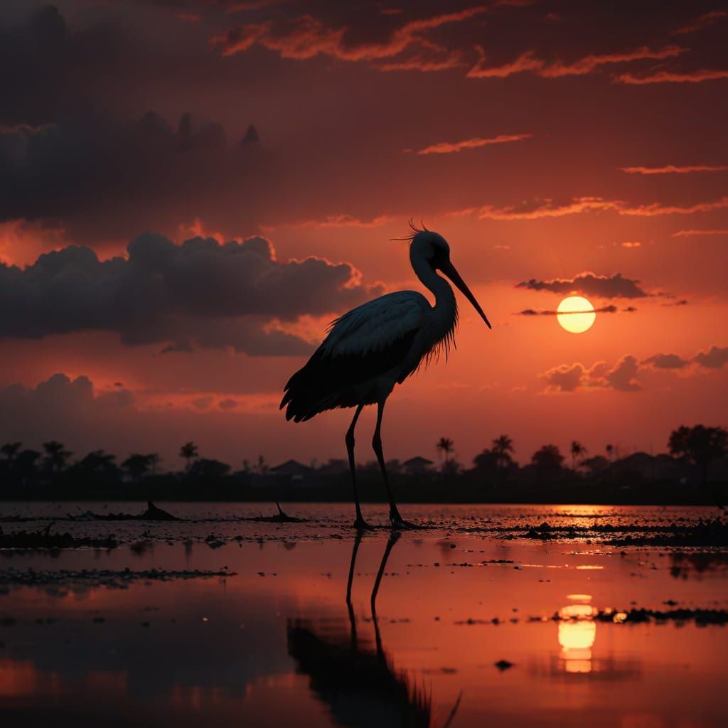 Surreal Stork Silhouette Amidst Red Sunset with Black Clouds