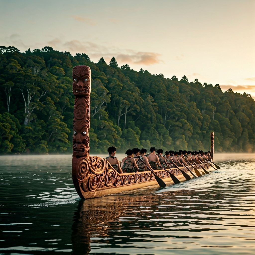 Māori Waka Taua on Misty Lake at Sunrise