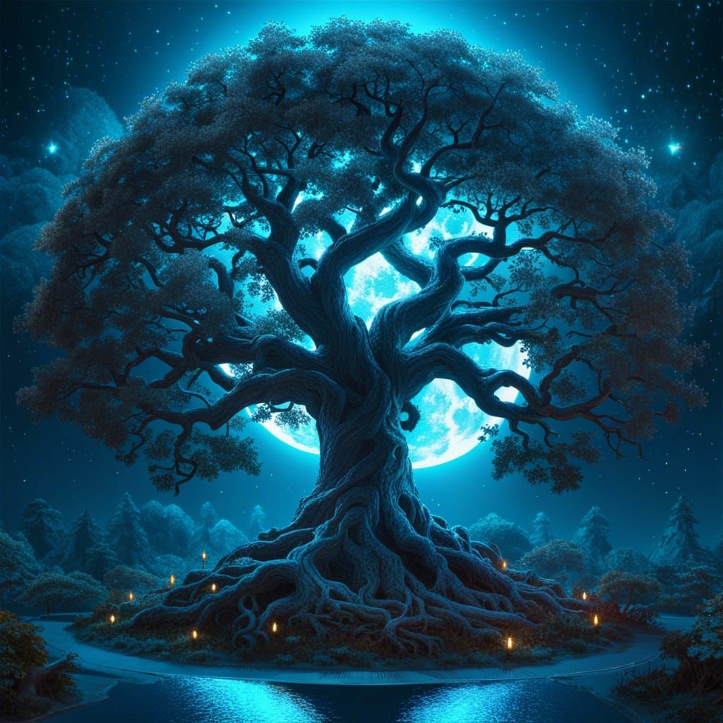 Cyan Tree of Life Under Moonlight