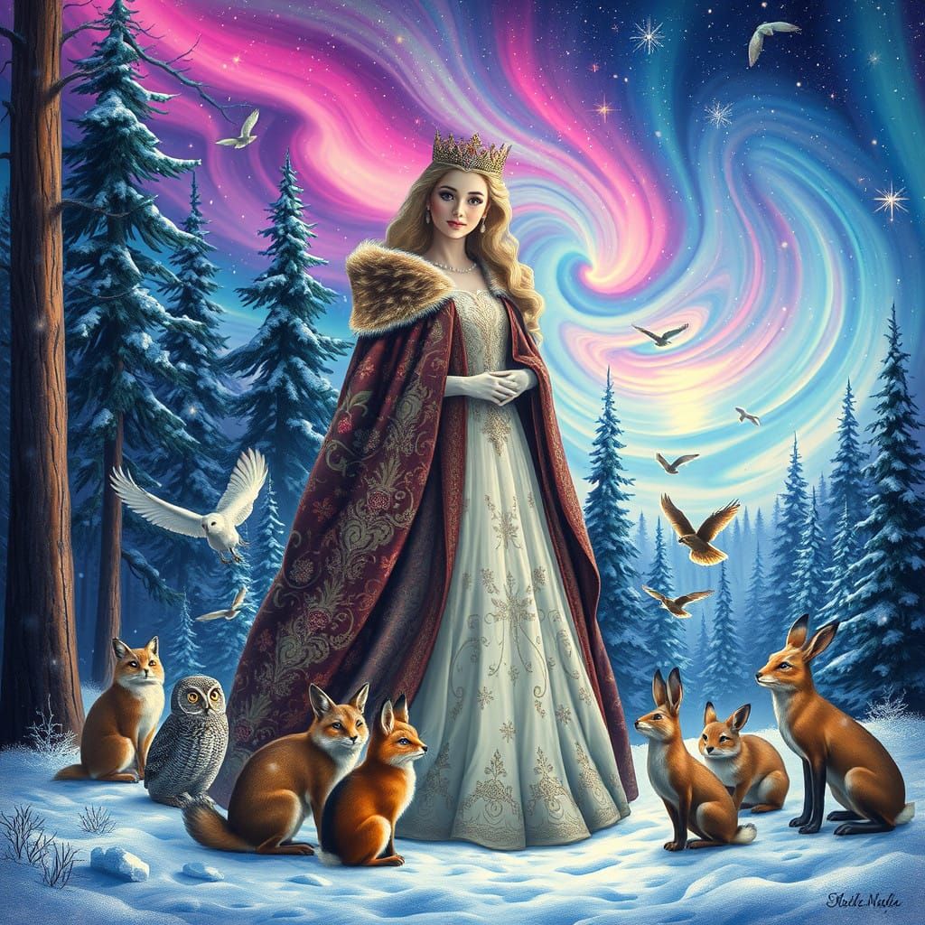 Winter Goddess Surrounded by Woodland Creatures in Vibrant A...