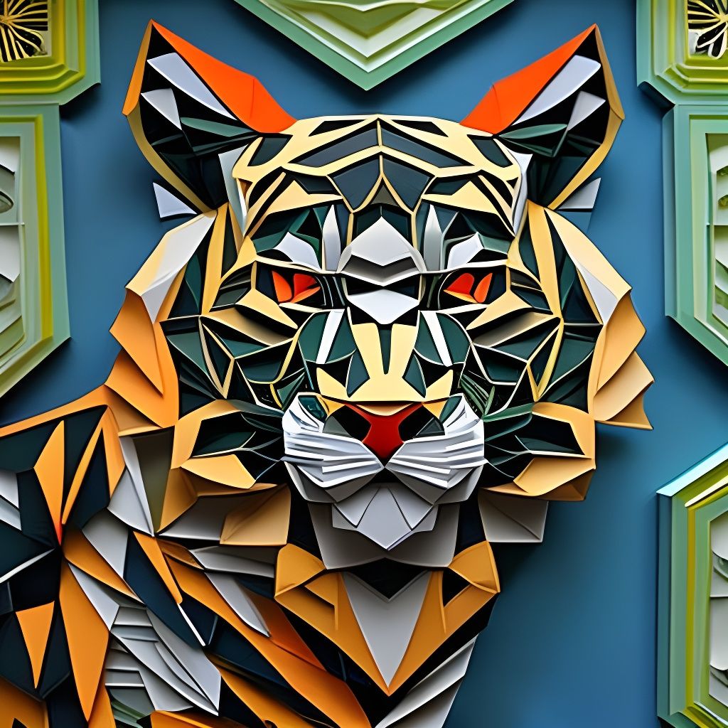 Hyperrealistic Paper Tiger in Jungle Mosaic