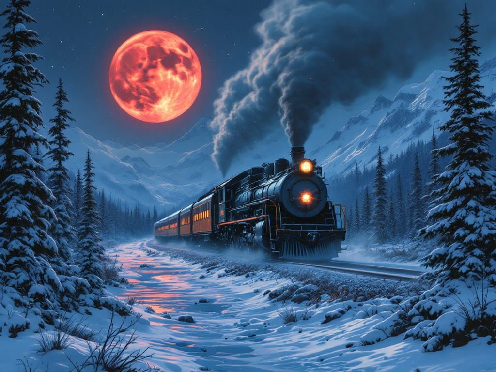 Ghost train in Alaska wilderness under full round scarlet mo...