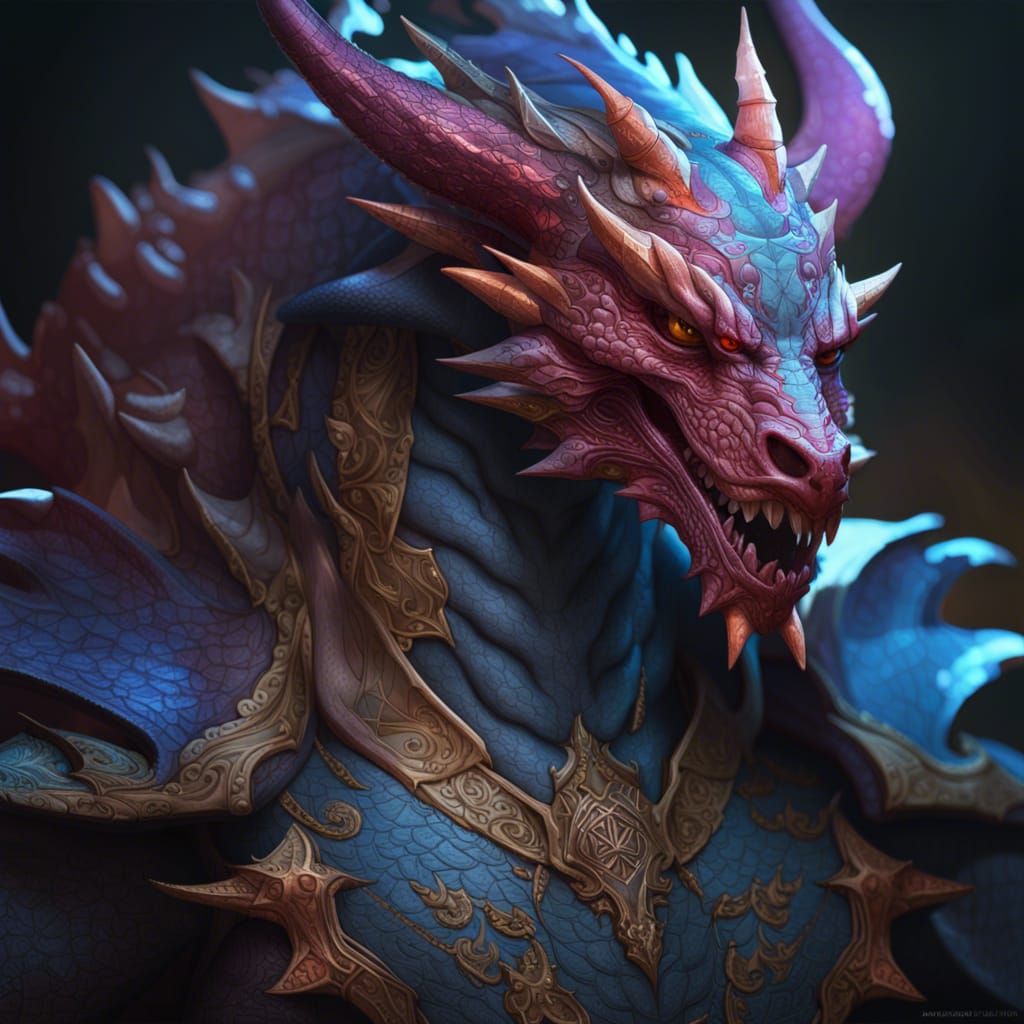 Detailed Demon Dragon Portrait in Triadic Colors