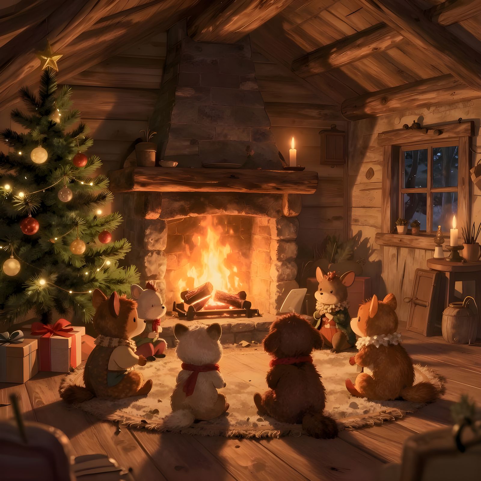 Woodland Creatures Celebrate Christmas Eve in Rustic Cabin