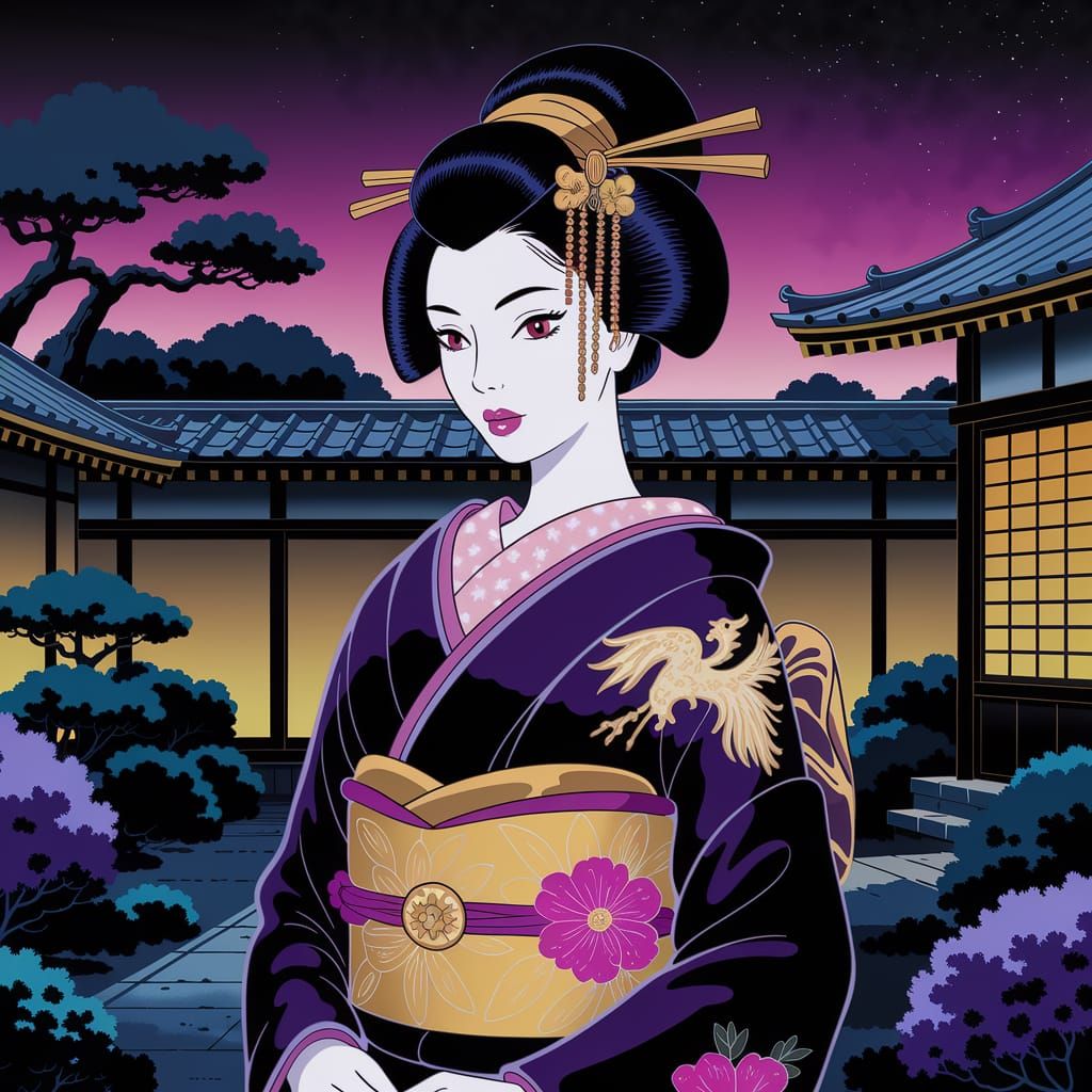 Geisha in Japanese Garden with Gold Accents
