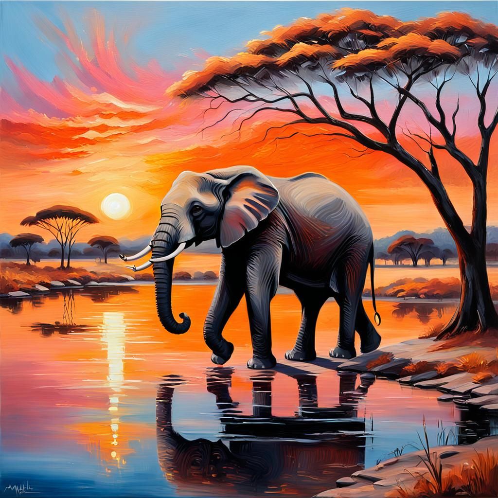 Majestic Elephant Sunset in African Savanna