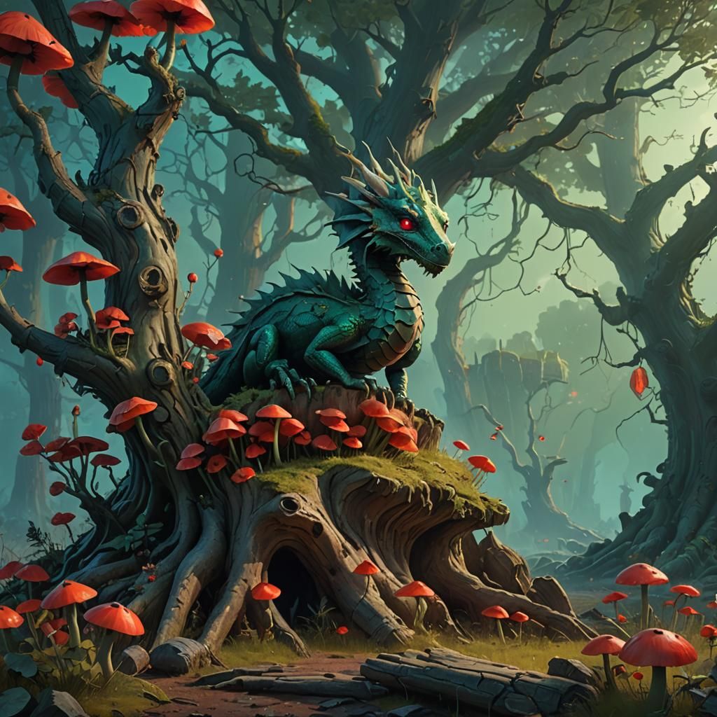 Poppy Dragon on Ancient Stump, Fantasy Concept Art