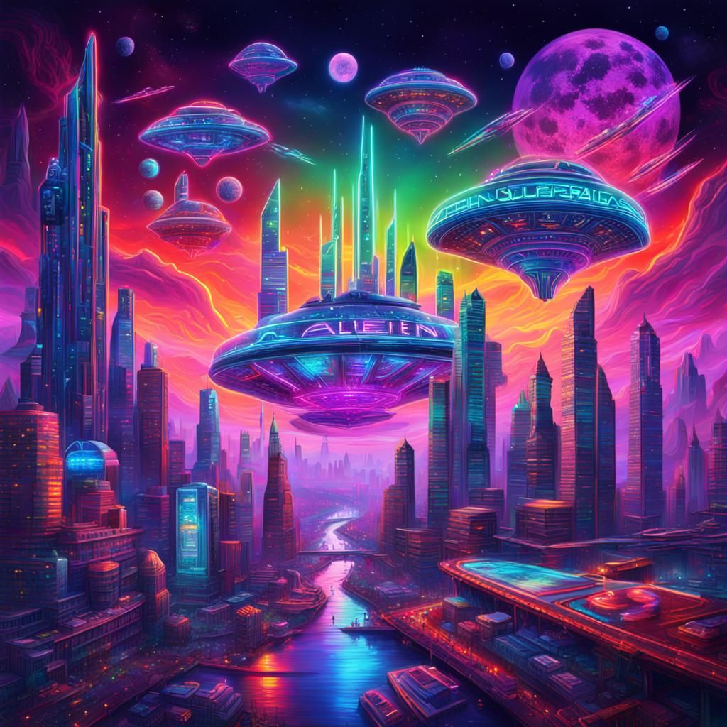 Neon Alien Ships in a Futuristic Cityscape