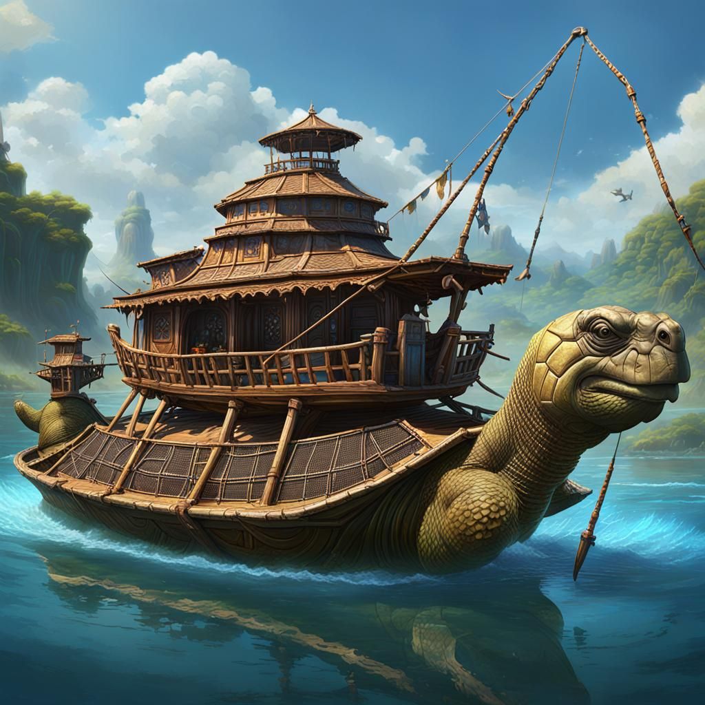 Giant Tortoise Boat on River, World of Warcraft Style