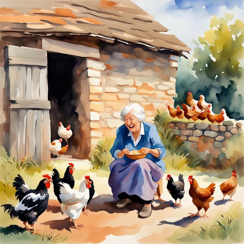 Laughing Lady Feeding Chickens in Watercolor Gouache