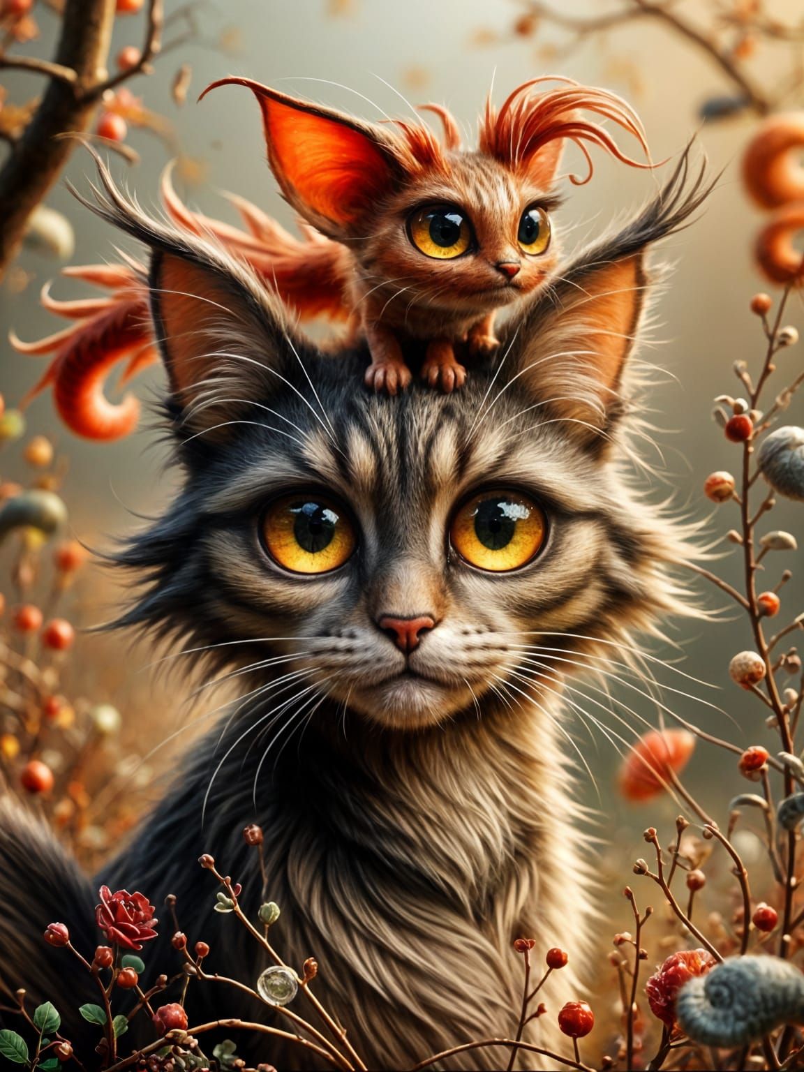 Tabby Cat with Dragon Companion in Sunlit Forest