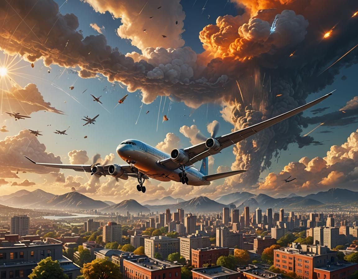 Airplane Cloud Seeding Over City at Golden Hour