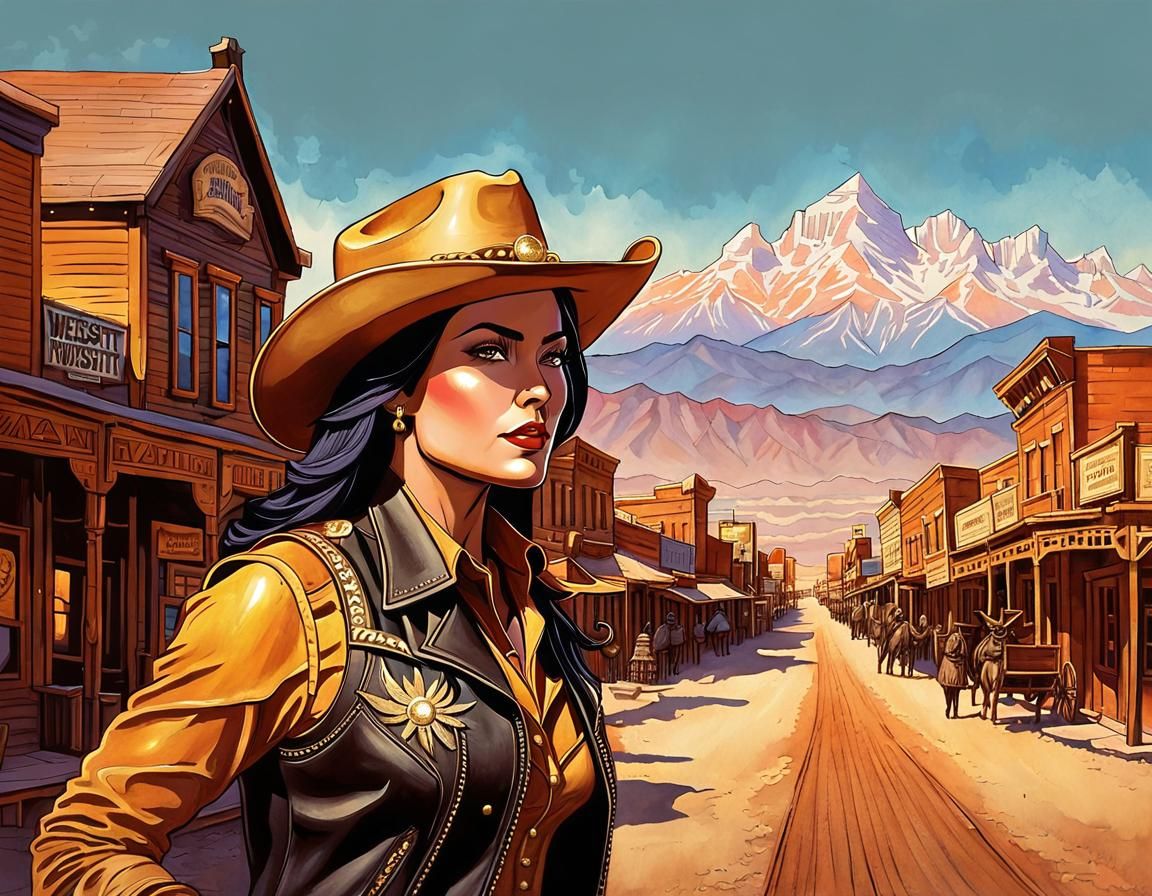 Golden Cowgirl in Old West Sunset, Watercolor Art