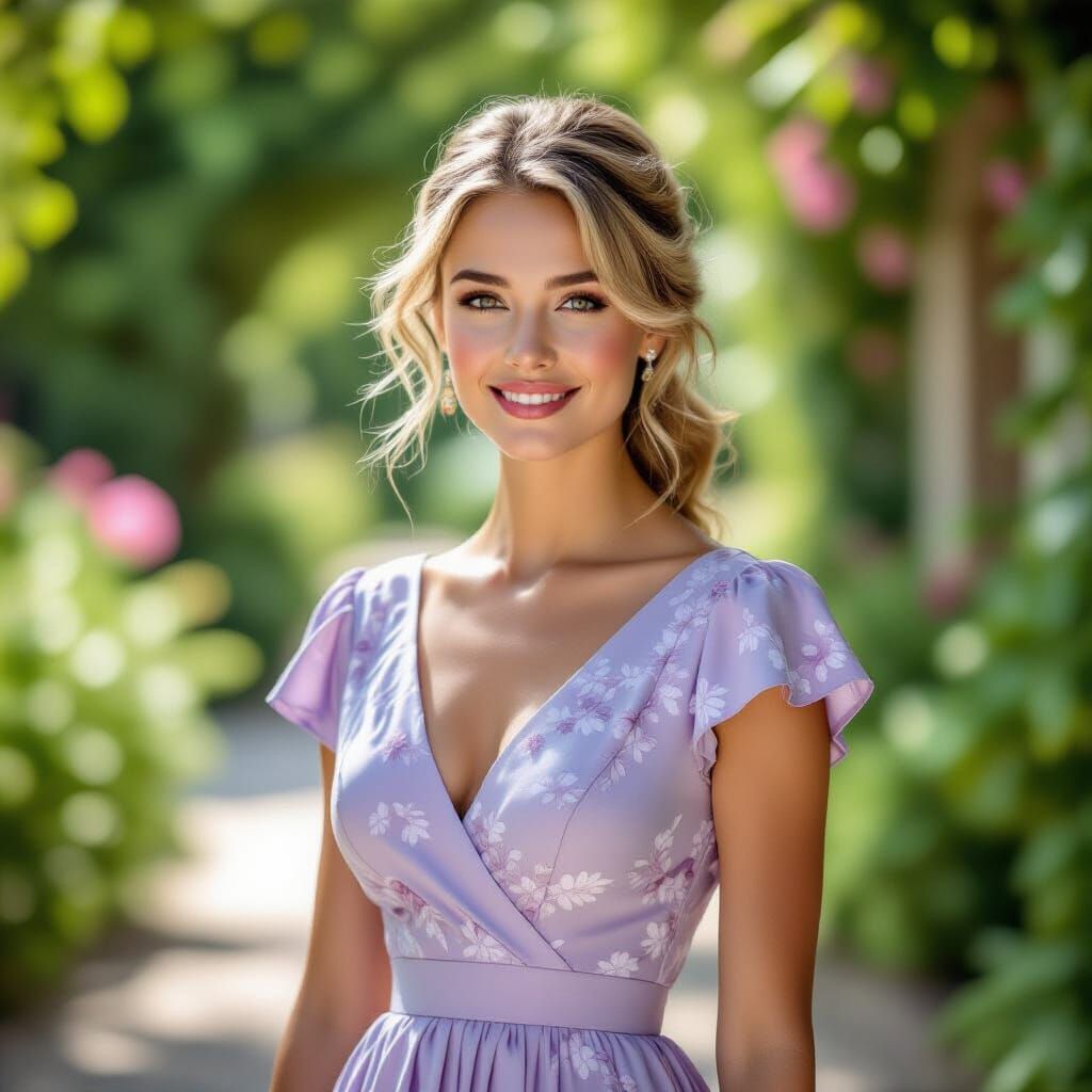 Serene Blonde Woman in Light Purple Dress in Flowery Lane