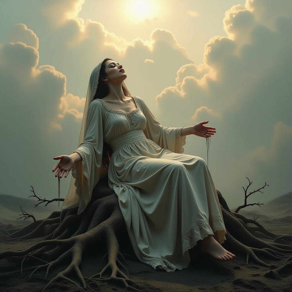 Victorian Figure Weeping Joyfully in Dystopian Underworld