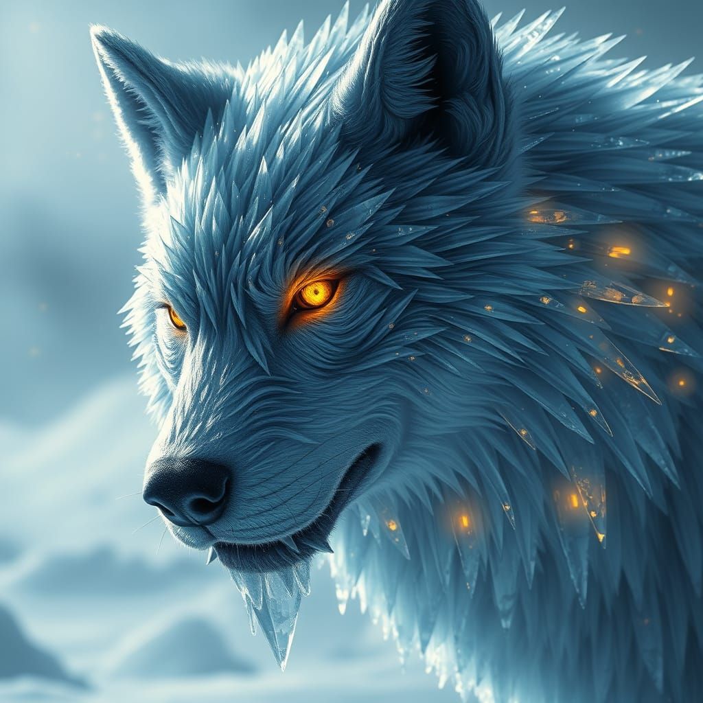 Epic Ice Wolf with Gold Ice Crystals in Cinematic Digital Pa...