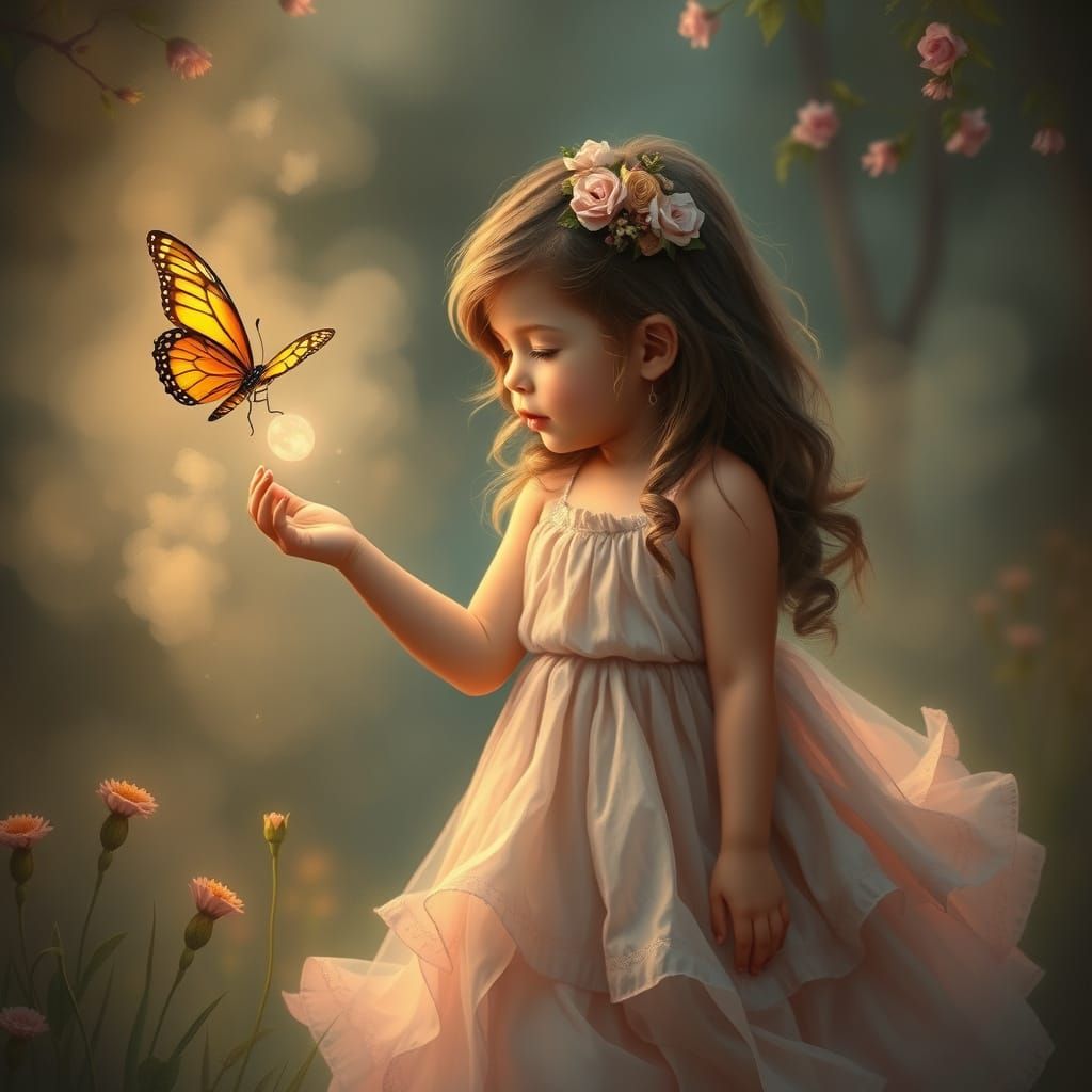 Girl Catches Butterfly in Fantasy Landscape