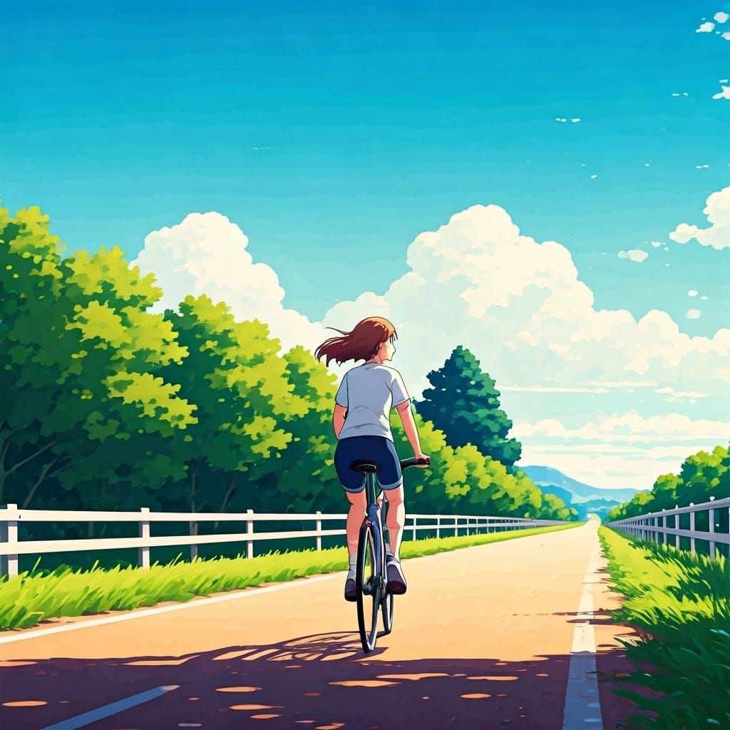 Girl Cycling in Vibrant, Anime-Inspired Scenery