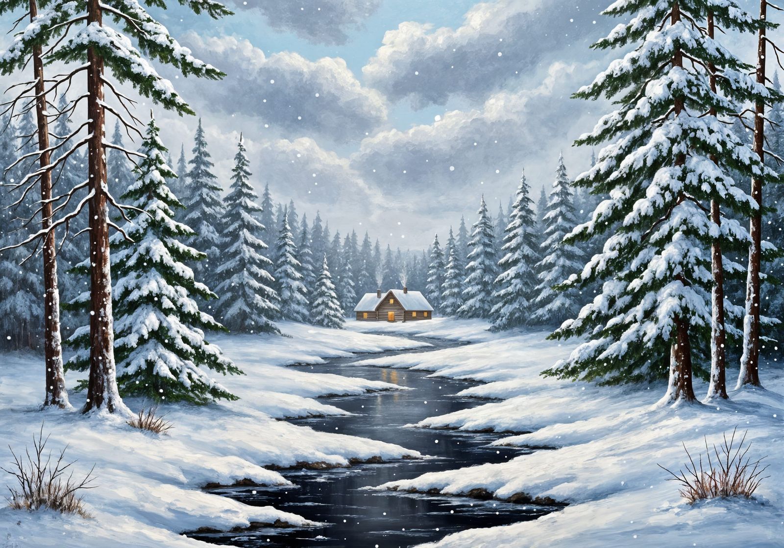 Bob Ross Style Snowy Forest Cabin Oil Painting