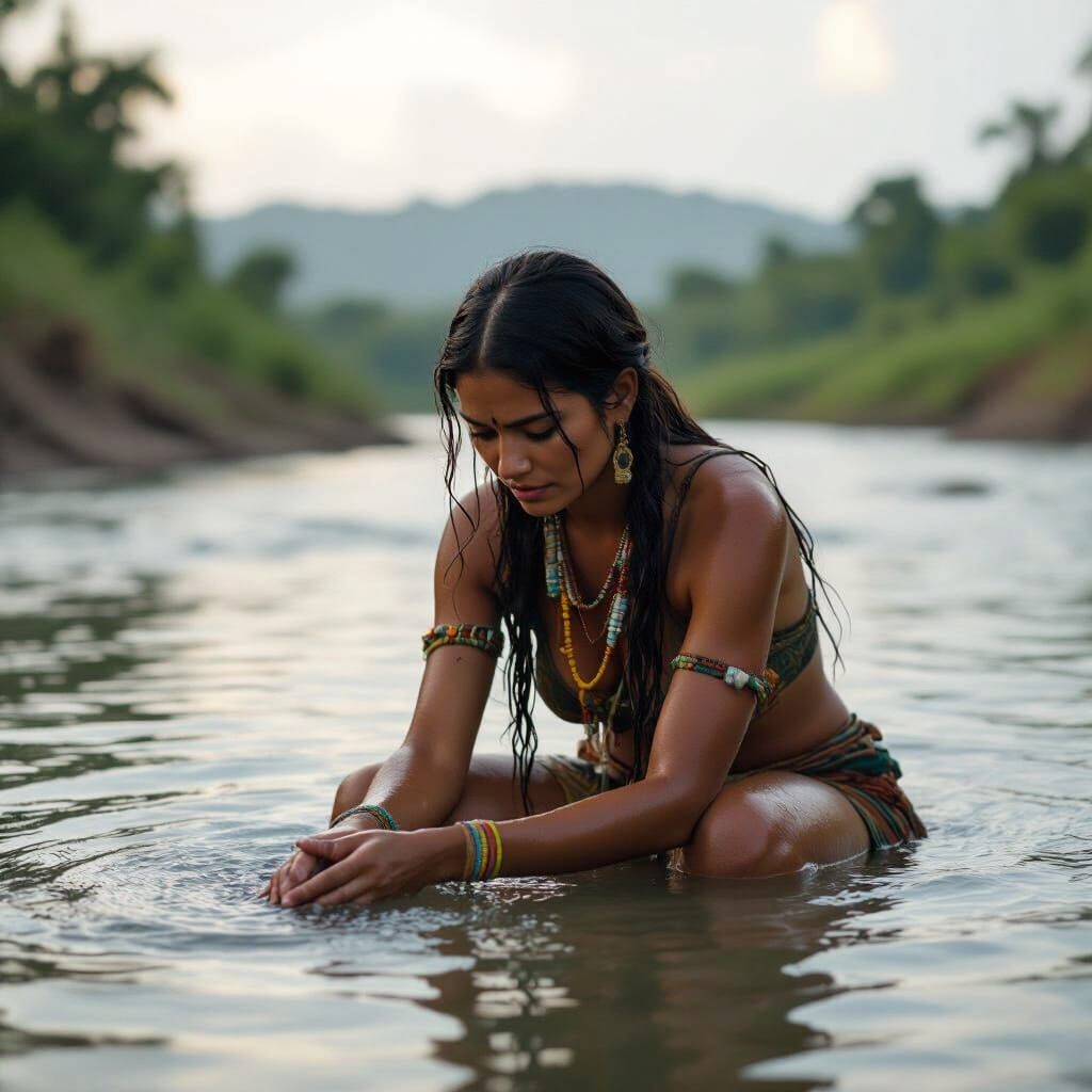Indigenous Woman Washes in River, Cinematic Film Still
