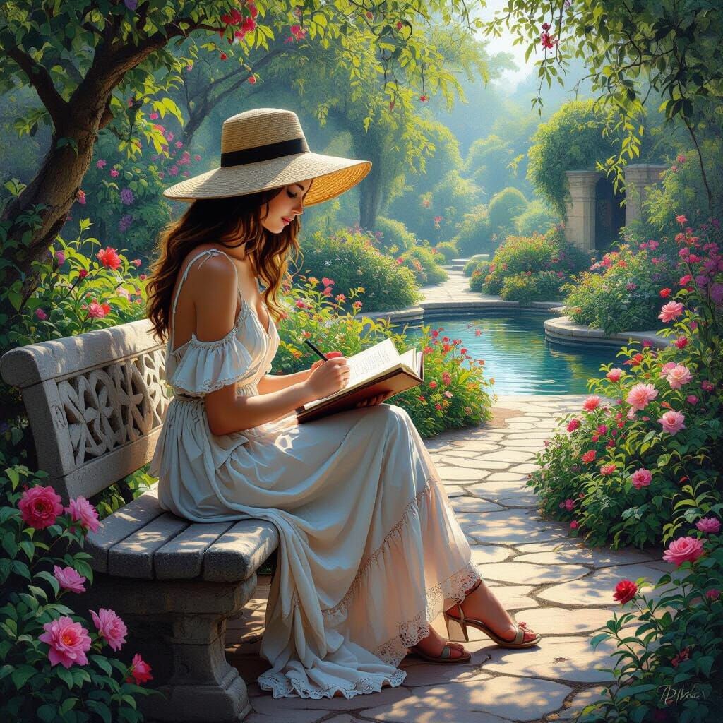 Serene Garden Scene with Woman Sketching, Hyperrealistic Sty...