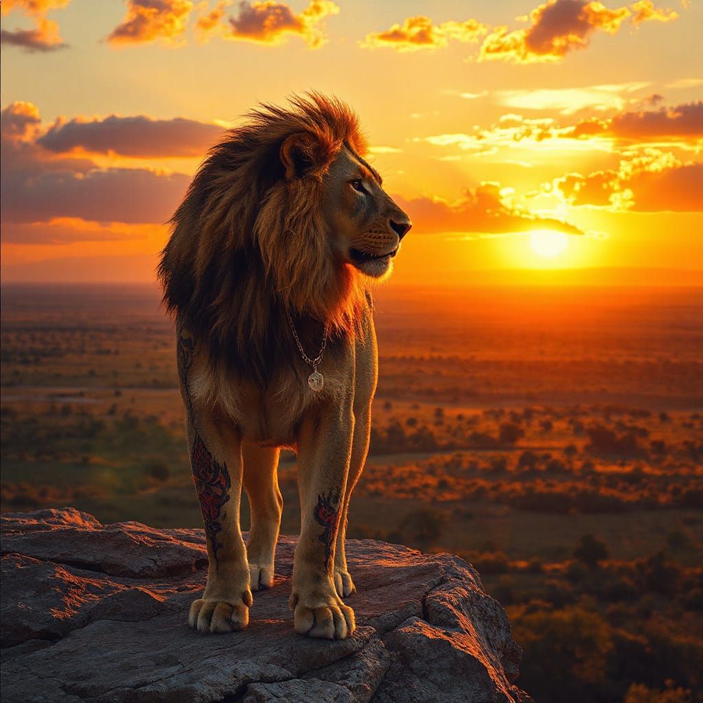 Lion in Tribal Trash Polka Style, Standing on Rocky Cliff at...