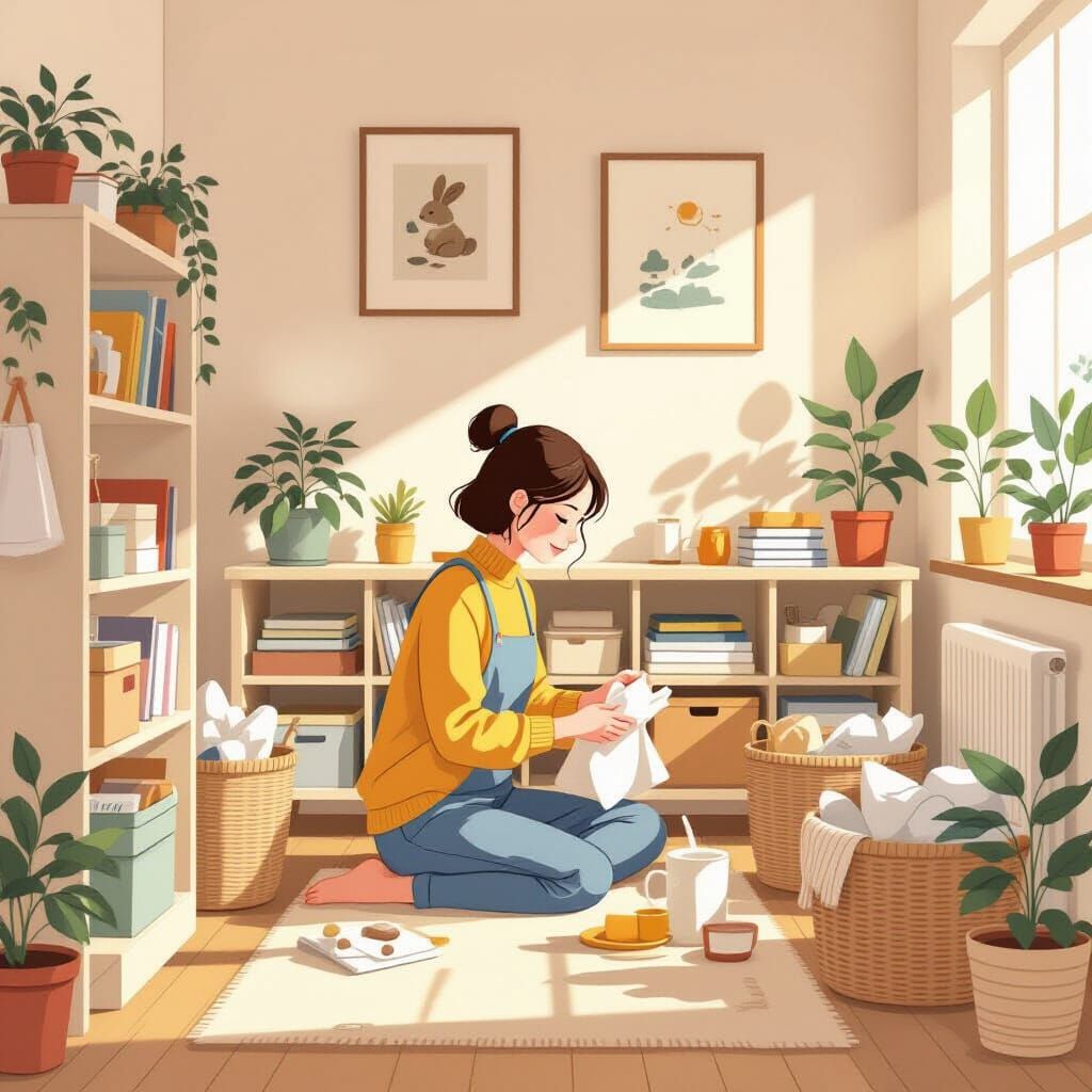 Organized Bliss: A Minimalist's Cozy Decluttering Scene