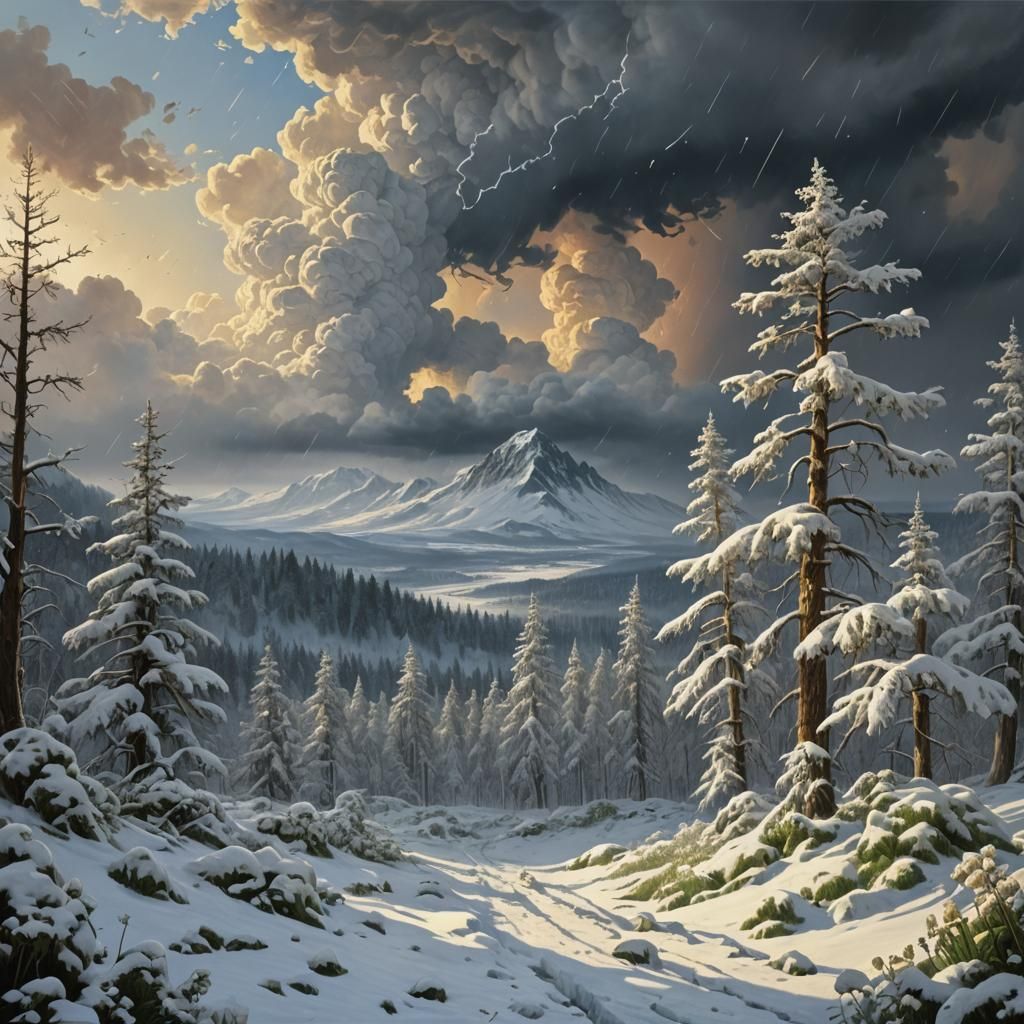 Petal Storm over Winter Landscape in Romantic Style
