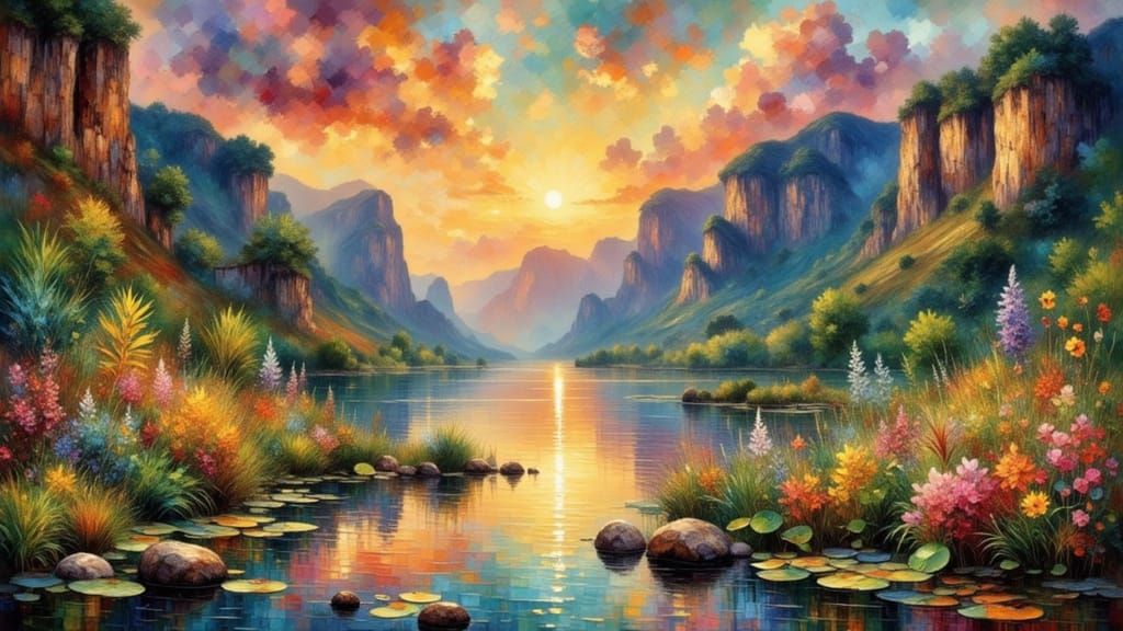 Tropical Fjord Sunset in Impressionistic Style